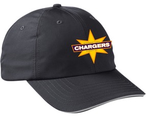 Black baseball hat with curved bill and yellow and blue Chargers logo centered on front