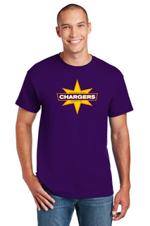 Chargers Tshirt - dark purple shirt with yellow and blue Chargers logo centered on chest.