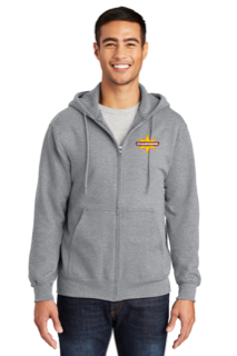 Chargers Zip up hoodie- Light gray zip-up hoodie with yellow and blue Chargers logo on upper left chest.